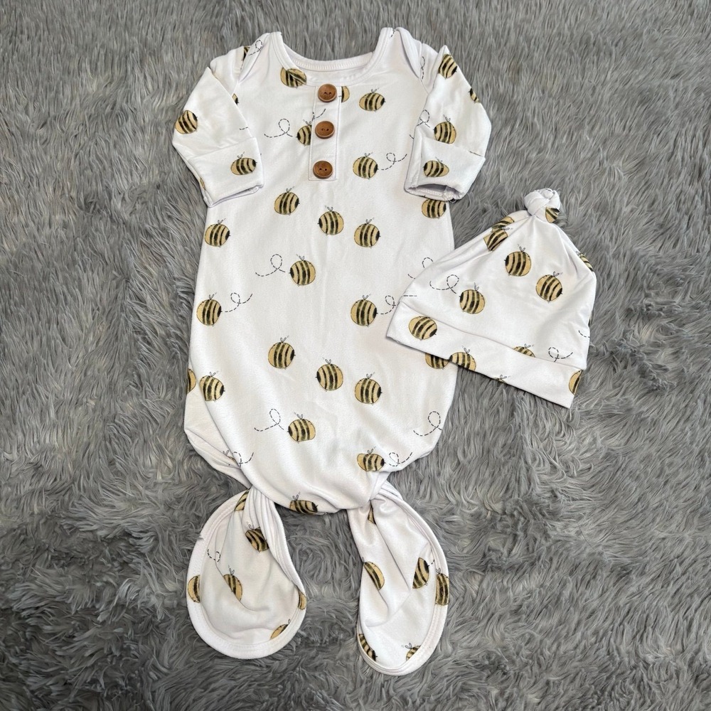 Caden Lane White Baby Gown & Knot Hat with Yellow Bee Print